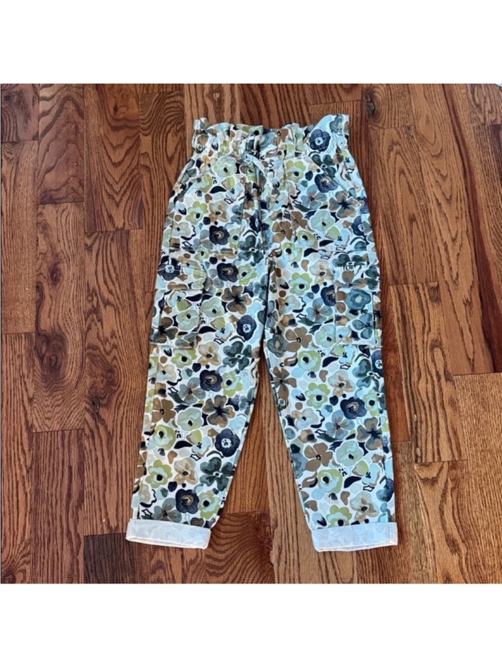 Kids/Girls Free Assembly Floral Paperbag cargo Pull on Pants Sz 6/S Green Brown